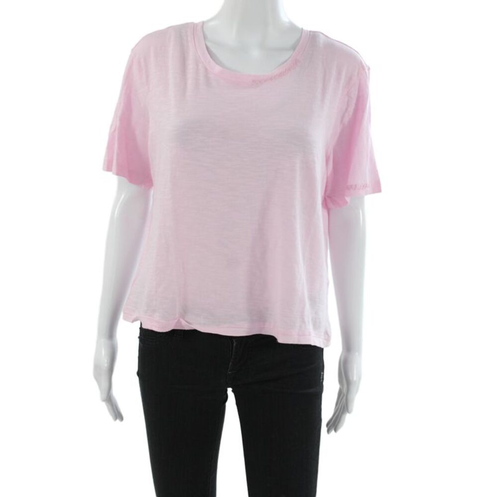 Love Shack Fancy Women Cropped Basic Tee Pink Crew Neck Short Sleeve Size XS